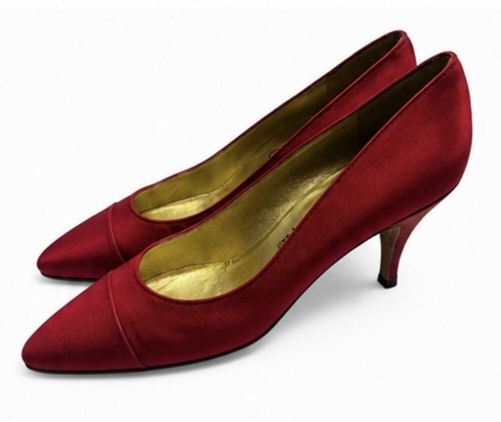 CHANEL Red Satin Pointed Toe Pumps Heels Gold Interior Made Italy Size 6.5